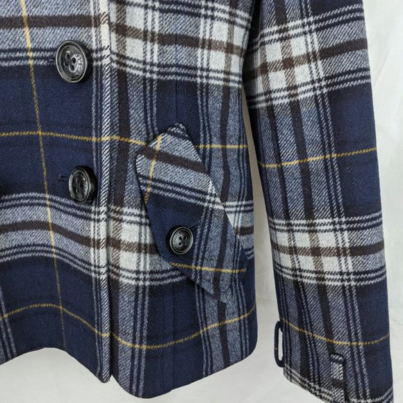 ELAND Navy Plaid Peacoat with Fur Hood Sz S - Picture 3 of 9